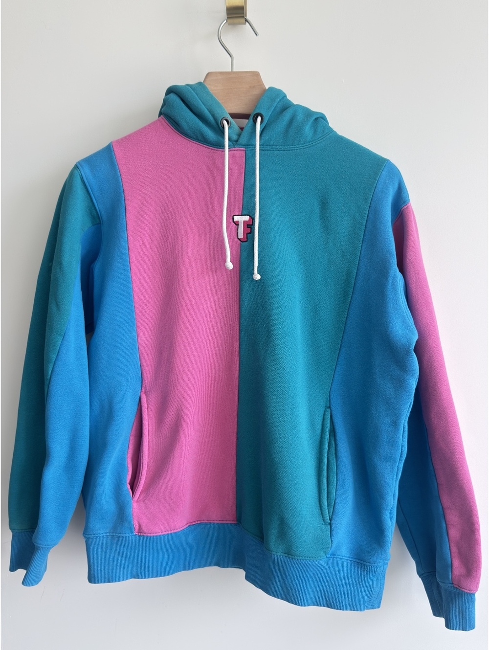 Teddy Fresh Color Block Pullover Hoodie Pink Blue Teal Fleece Size Medium